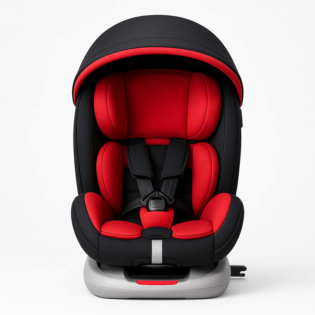 Red and black child car seat front view with five-point harness and ISOFIX base