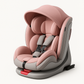Pink child car seat mounted with sun canopy folded down over the shell