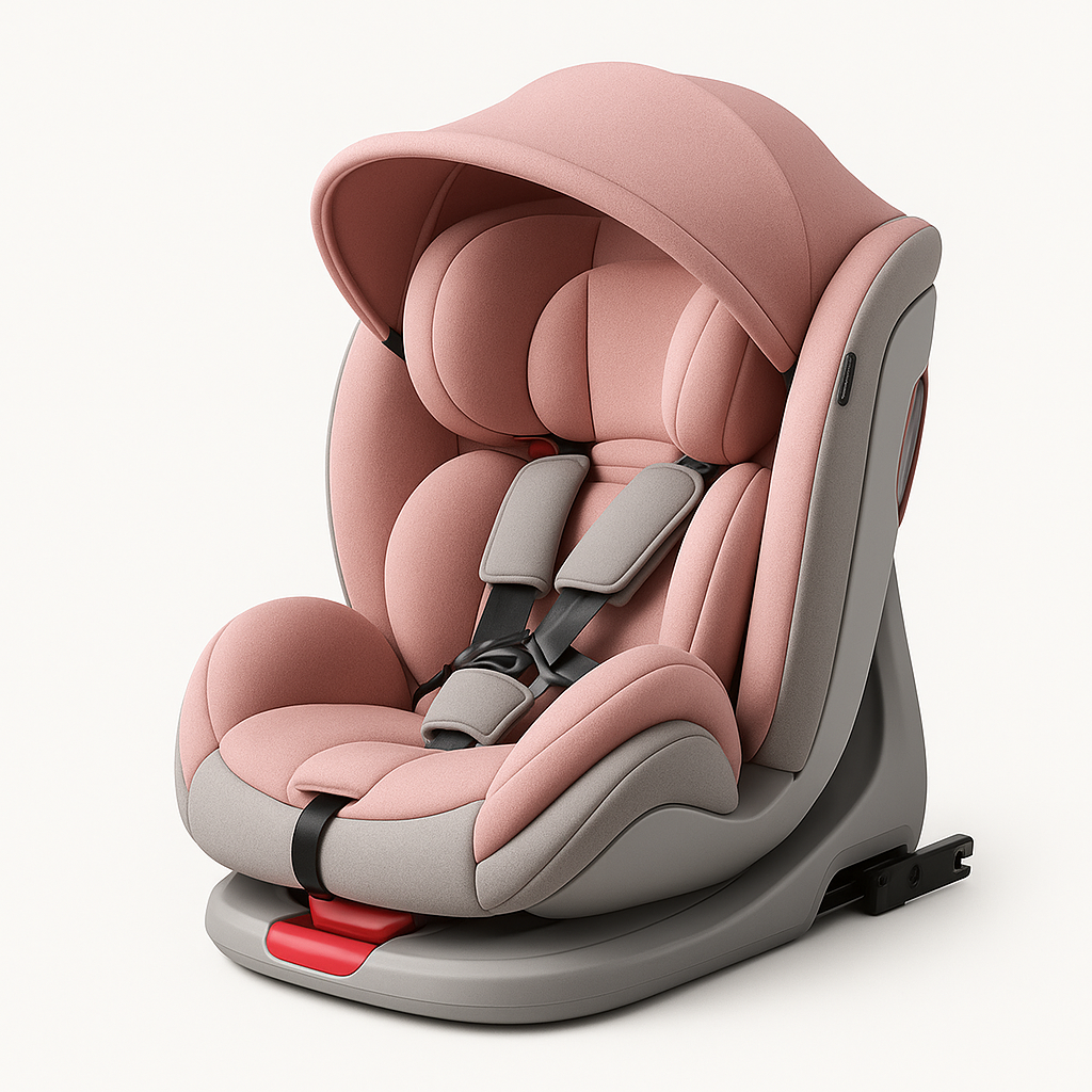 Pink child car seat mounted with sun canopy folded down over the shell