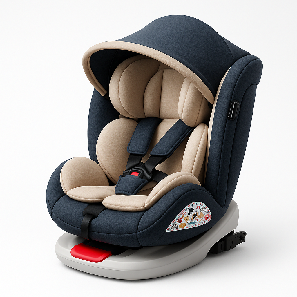 Child car seat with fold-down sun canopy extended over the headrest