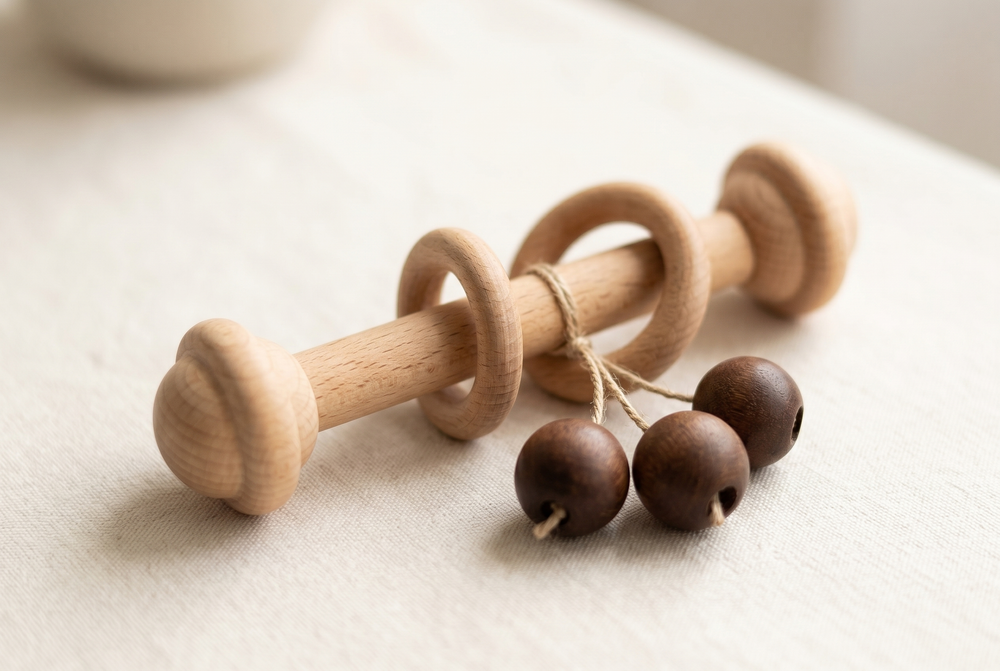 Beißring-Rassel aus Holz für Babys