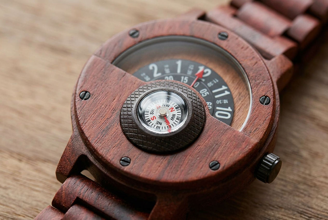 multifunction-compass-wooden-watch functional close up