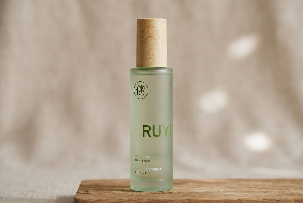 Macro of a RUYI frosted glass bottle with wood cap
