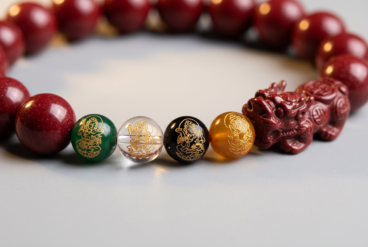 five-way-fortune-god-cinnabar-bracelet-with-beads functional close up