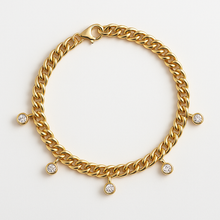 Cuban Link Charm Bracelet, Moissanite Drops, Gold Tone