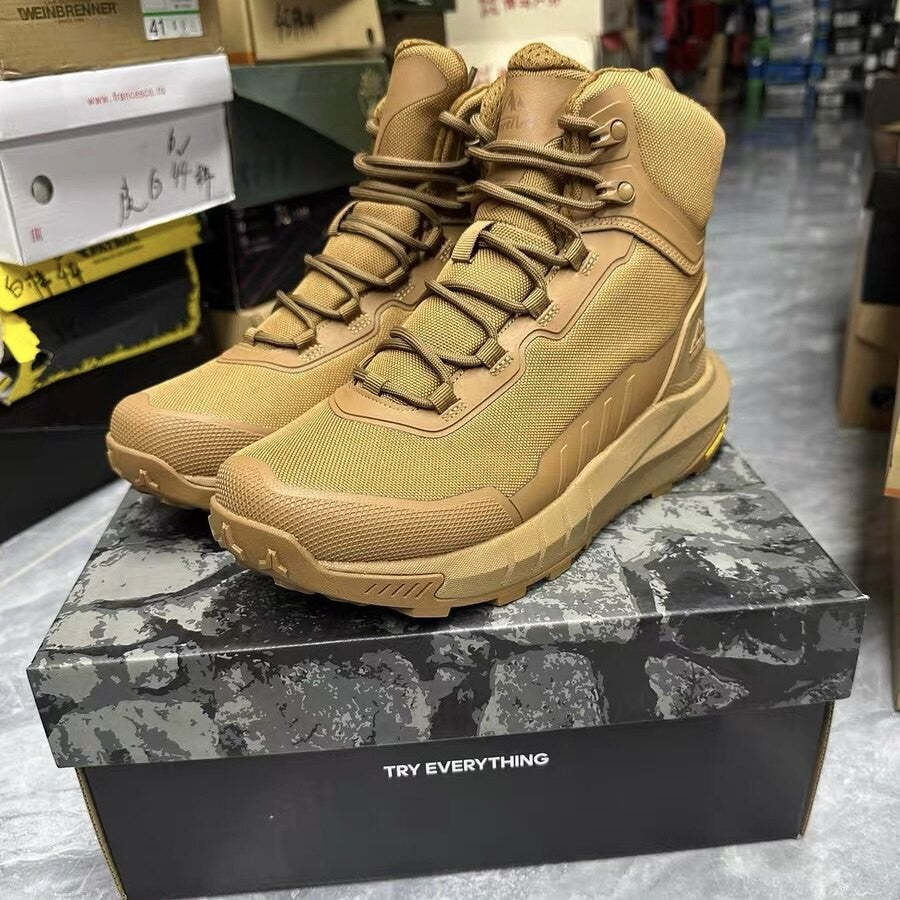 Men's hiking boots shown from the front with the laces done up
