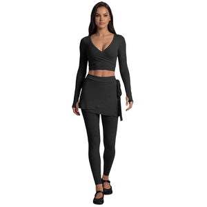 Long sleeve wrap top that crosses at the front and ties at the waist