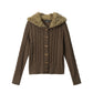 Coffee brown cable knit cardigan with wooden toggles and vegan fur trimmed hood, front view, size S