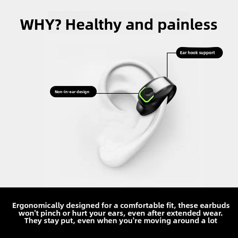 Illustration of a clip-on earphone hooked around an ear, showing the non-in-ear design