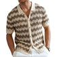 Man wearing brown and cream open knit ripple polo shirt over white trousers