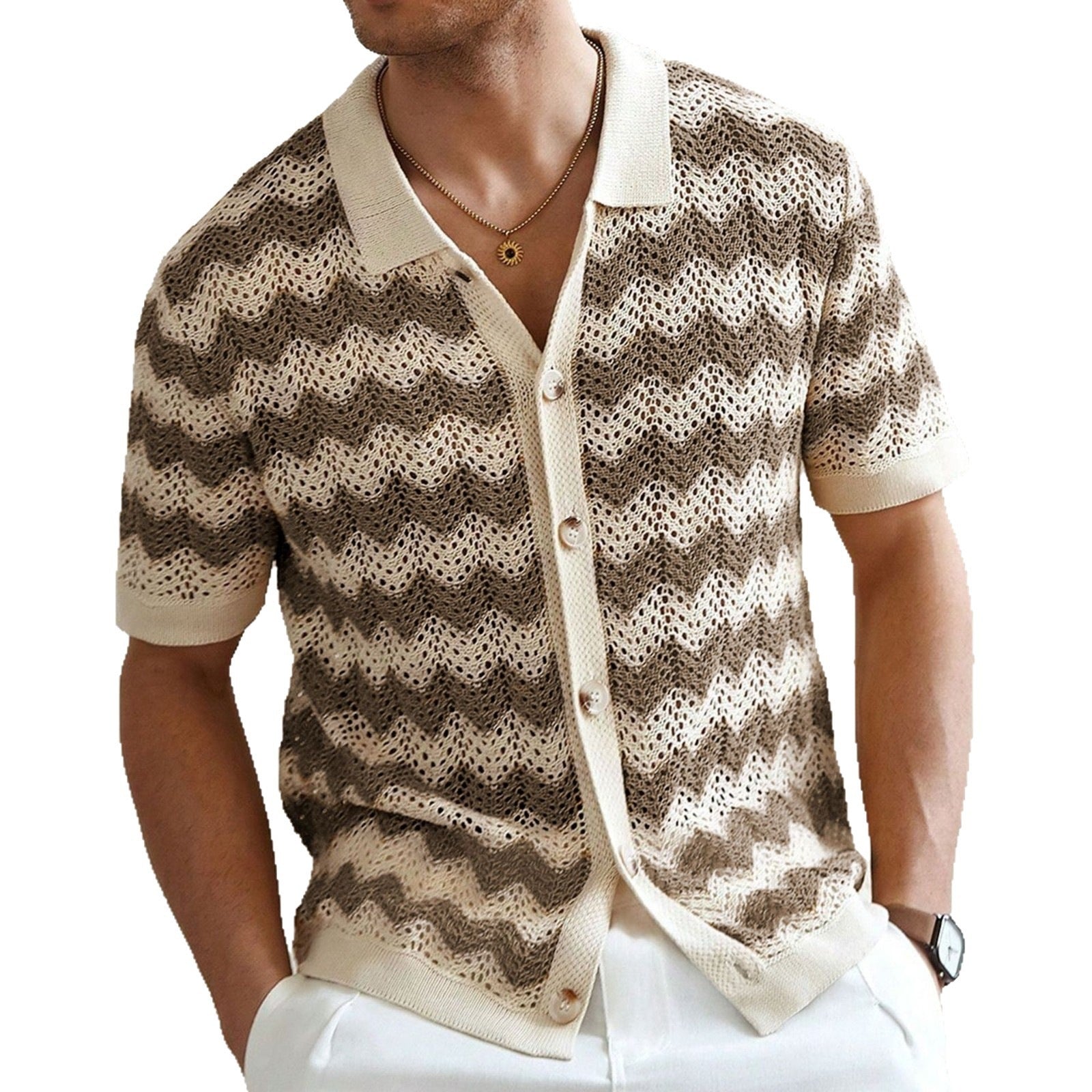 Man wearing brown and cream open knit ripple polo shirt over white trousers