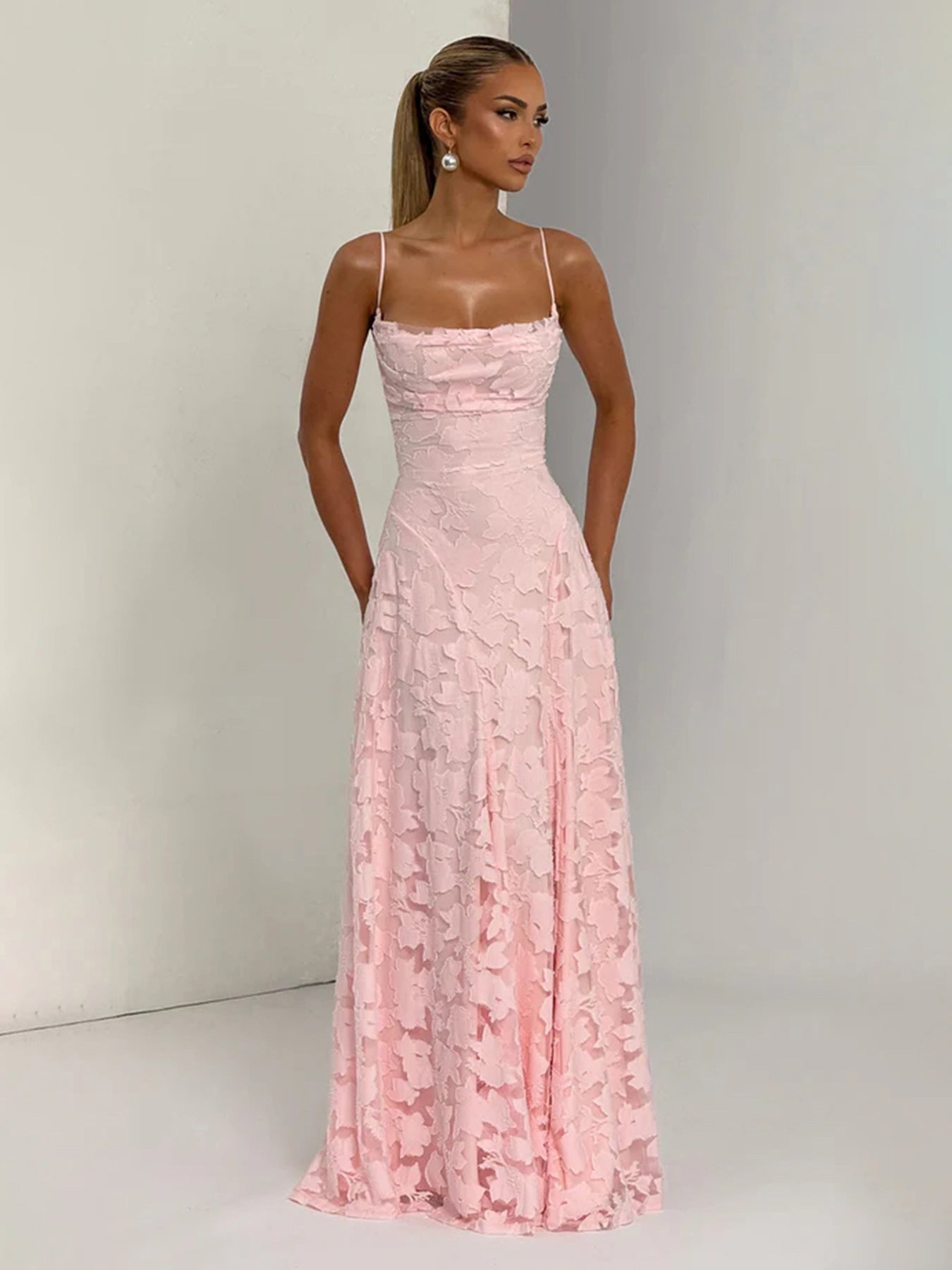 Top down layout of the women's dress showing its full length and clean hem