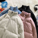 Men's padded puffer jacket with a tall stand collar shown from the front