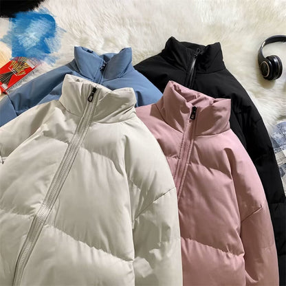 Men's padded puffer jacket with a tall stand collar shown from the front