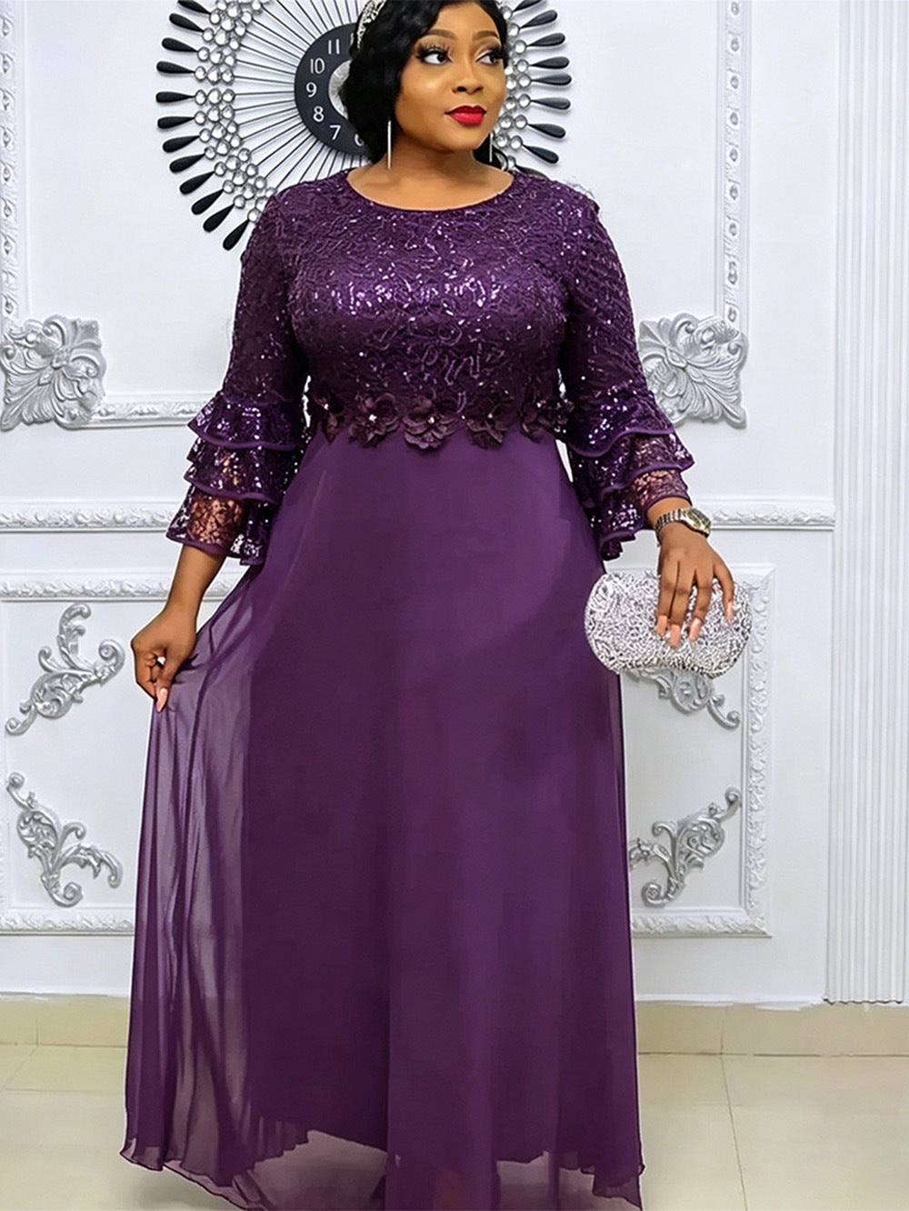 Three quarter tiered lace ruffle sleeves on a floral lace chiffon dress