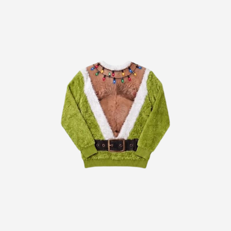 Green ugly Christmas pajama outfit with a printed skin and string lights design on soft fleece