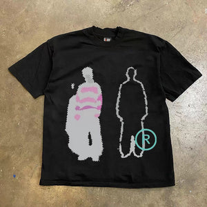 Front of the white graphic tee showing two pixel figures and a circled R on heavy cotton