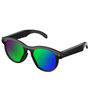 Black smart glasses with orange mirrored lenses and a small camera at the front corner of the frame