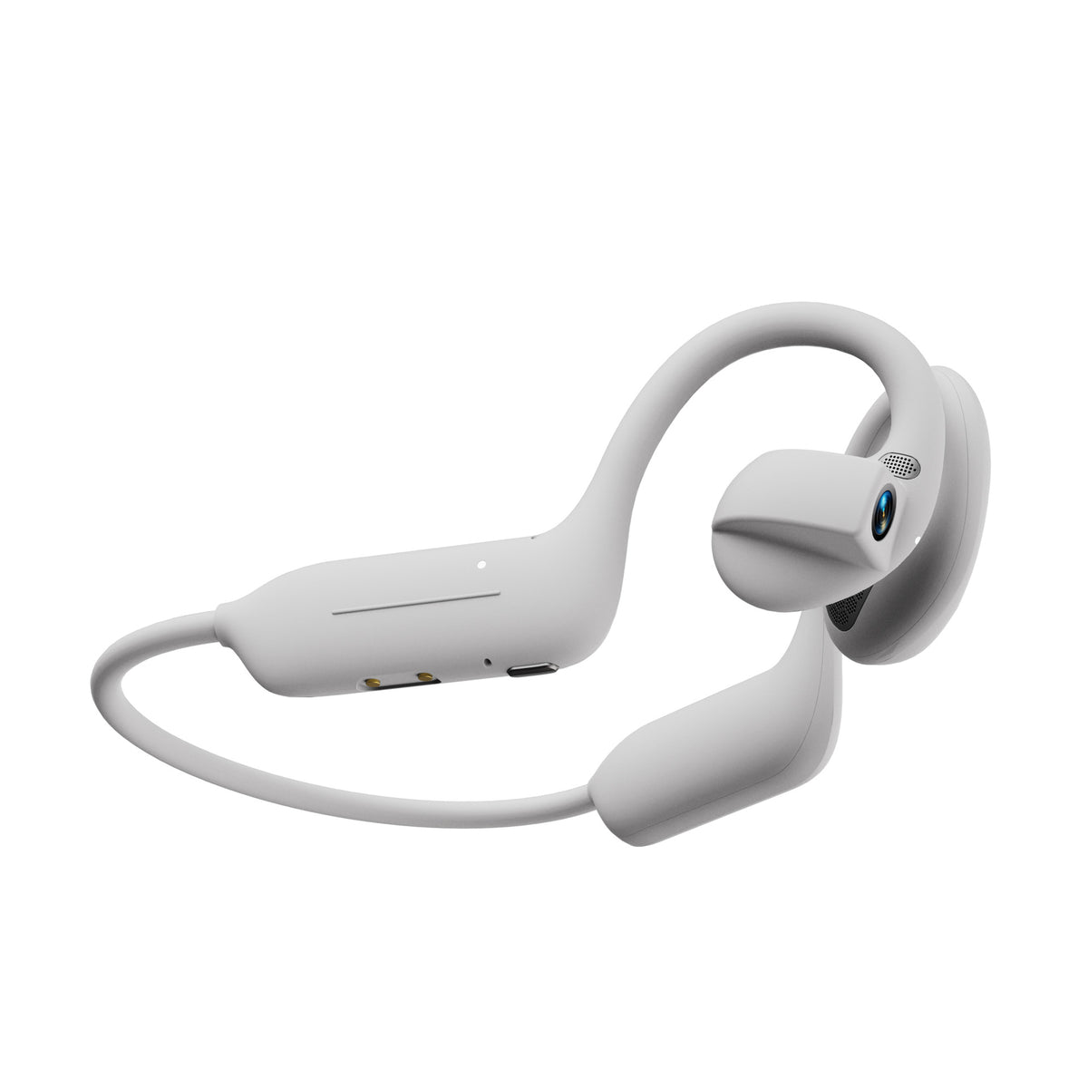 White open-ear Bluetooth headset with a camera lens on the earpiece and a rear band, three-quarter view on white