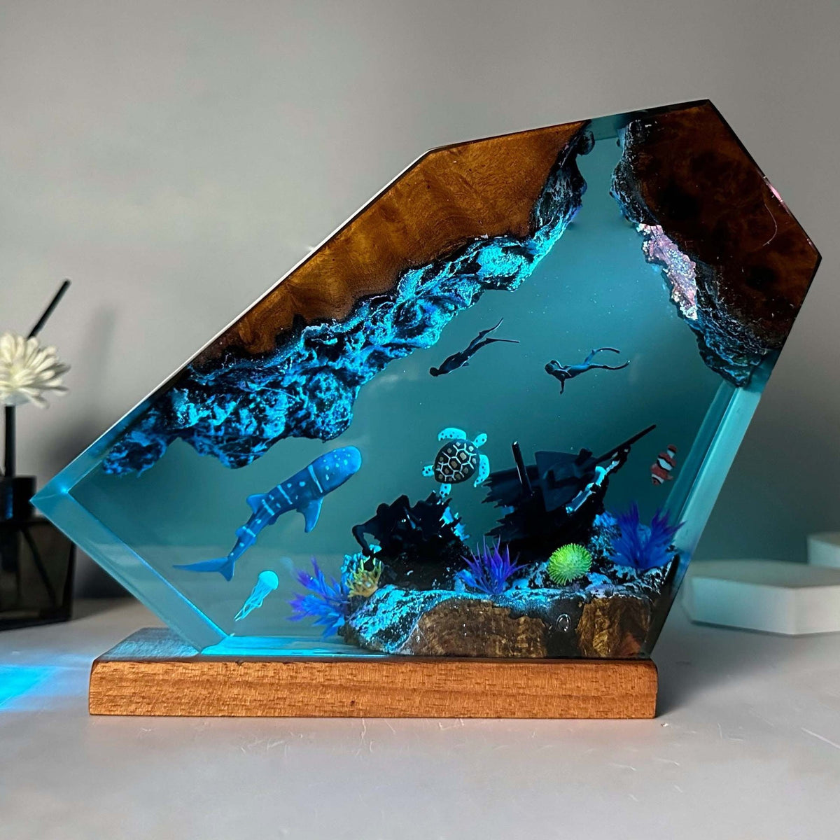 Underwater diver resin night light with whale shark turtle and shipwreck lit blue