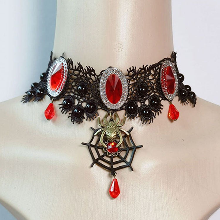 Vintage lace choker necklace displayed on a neck form against a plain backdrop