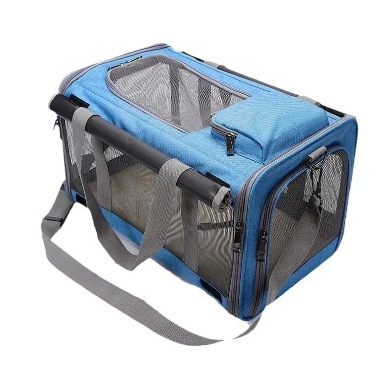 Grey mesh pet carrier interior view with soft plush floor mat for cats