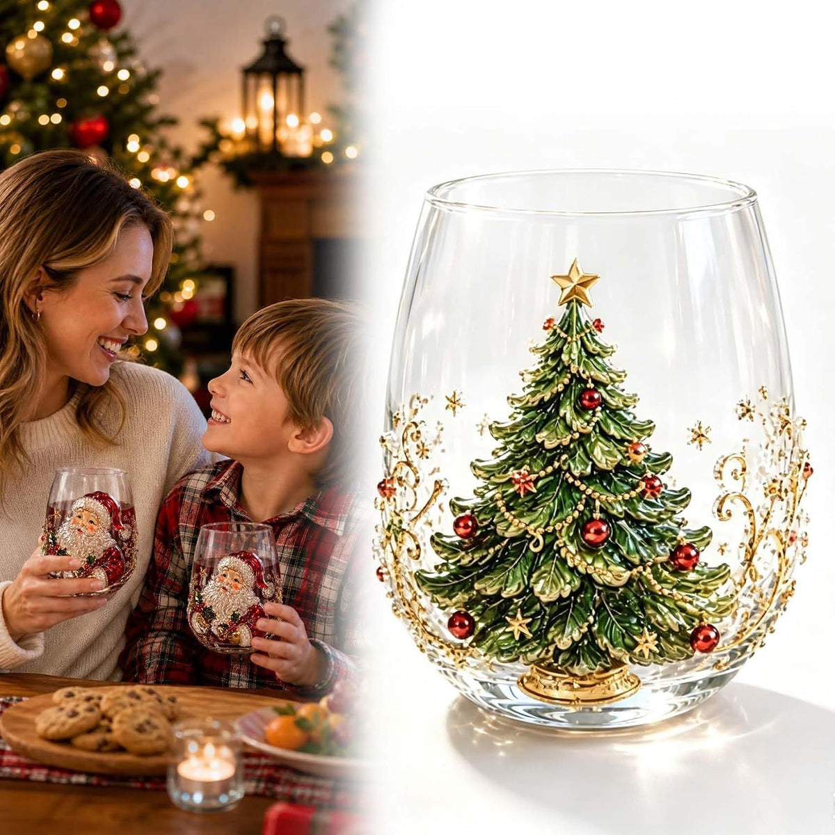 Clear borosilicate Christmas glass cup with a raised painted 3D Christmas tree holiday motif