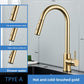 Maker panel for the brushed gold finish, 43 cm tall, 25 cm reach, 20 cm clearance under the spout