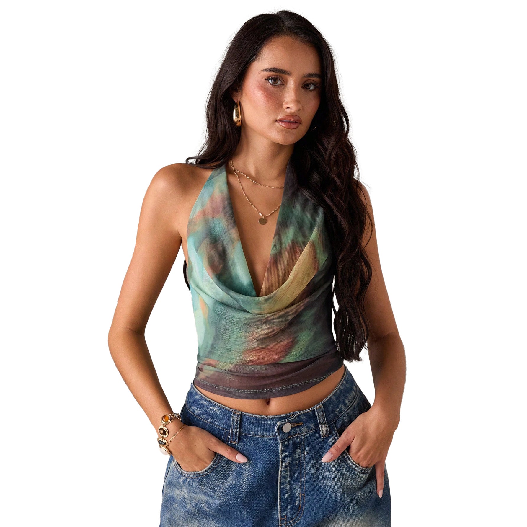 Sleeveless geometric print blouse styled in a modern interior