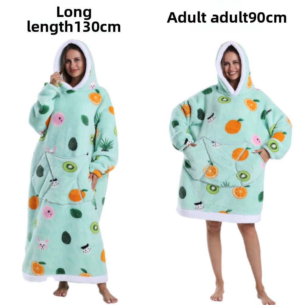 Mint Citrus hooded fleece pullover, mint green with orange and kiwi fruit prints, 130 cm extra long option