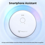 White round AI voice translator with a single button and two mic holes, shown as a smartphone assistant