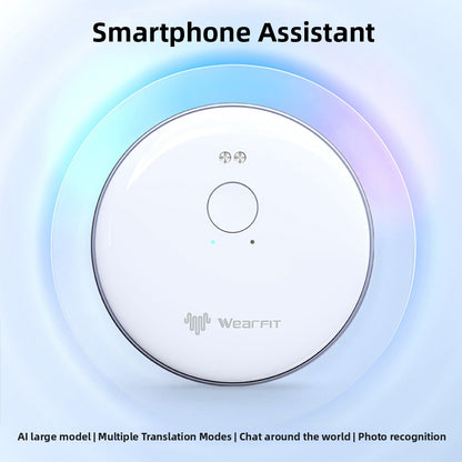 White round AI voice translator with a single button and two mic holes, shown as a smartphone assistant