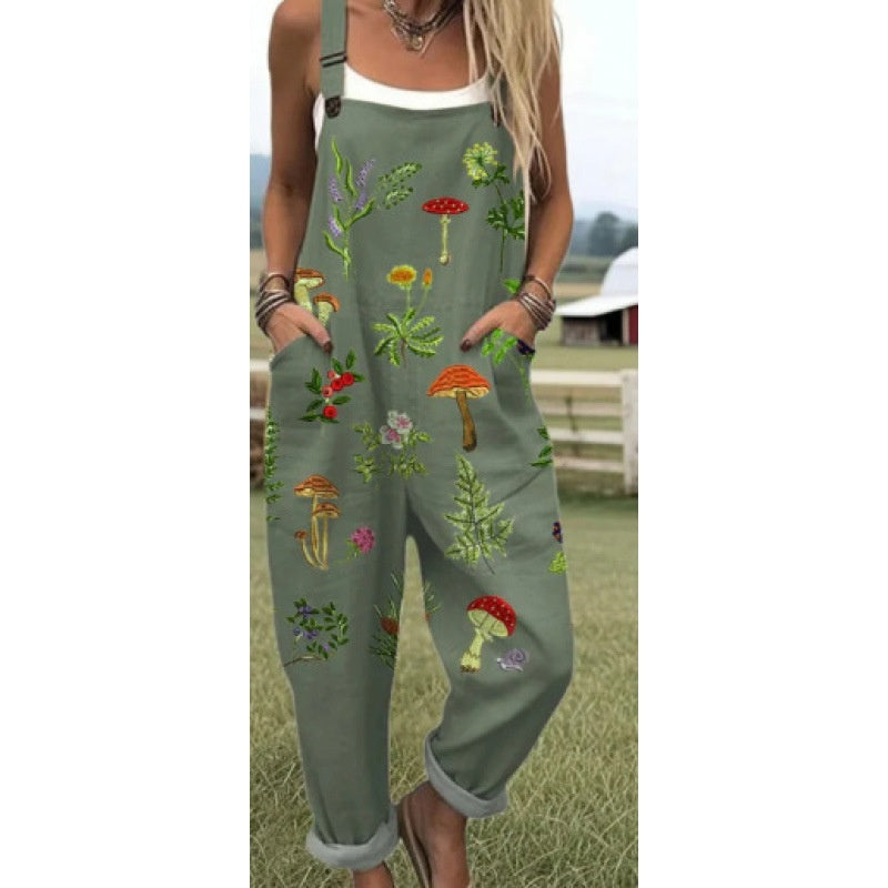 Printed button strap overall jumpsuit with a loose fit and tapered roll up legs