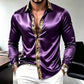 Purple satin long sleeve shirt with a gold ornamental band on the placket and cuffs, Purple 5XL option