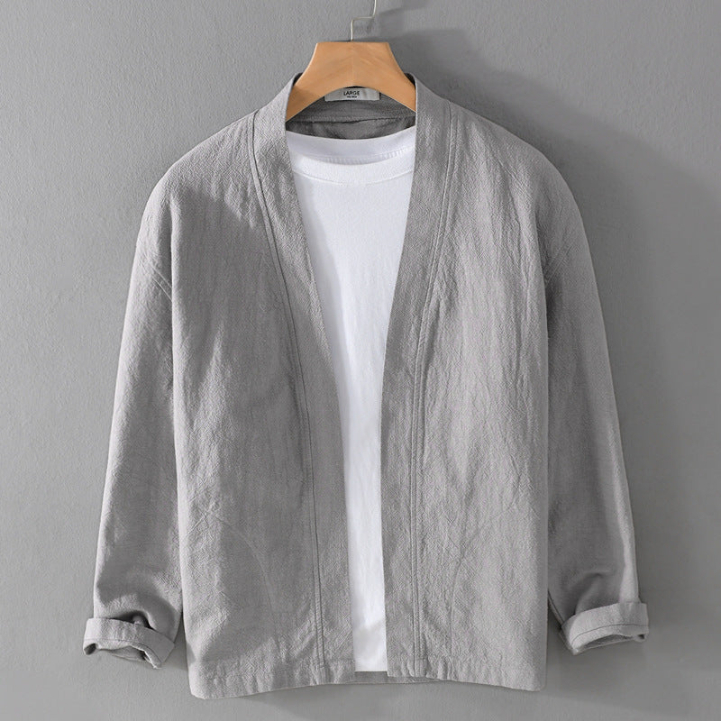 Gray ramie blend open front jacket with a stand collar and roll back cuffs