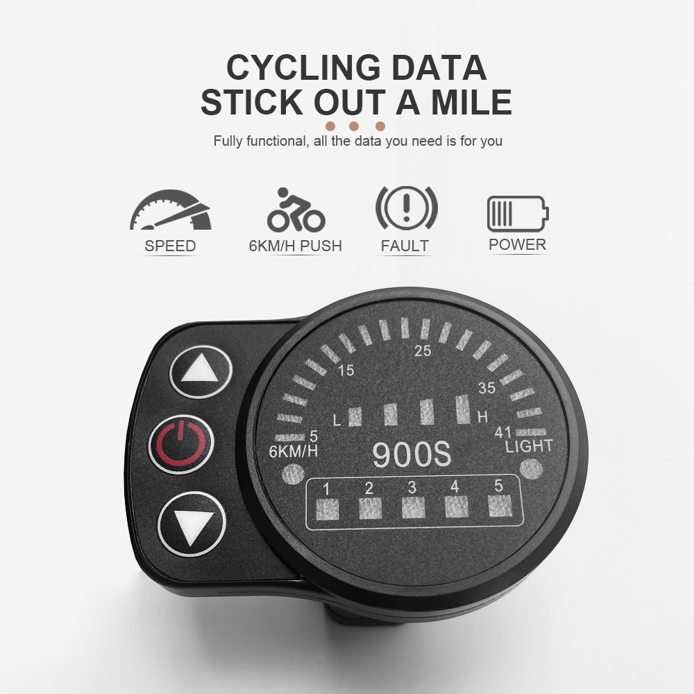 KTLED900S black e-bike LED display with up, power and down buttons and a five-segment battery bar