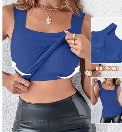 Royal blue seamless nylon square neck tank top, worn view with the built-in bra inset, size M option photo