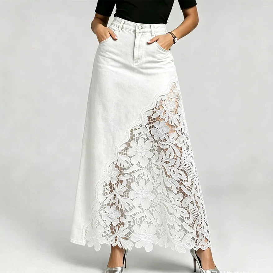 High waist A-line denim maxi skirt with a floral guipure lace panel and scalloped hem three quarter view showing the flare