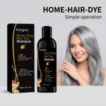 Hoegoa silver gray hair dye shampoo bottle and box beside gray toned hair