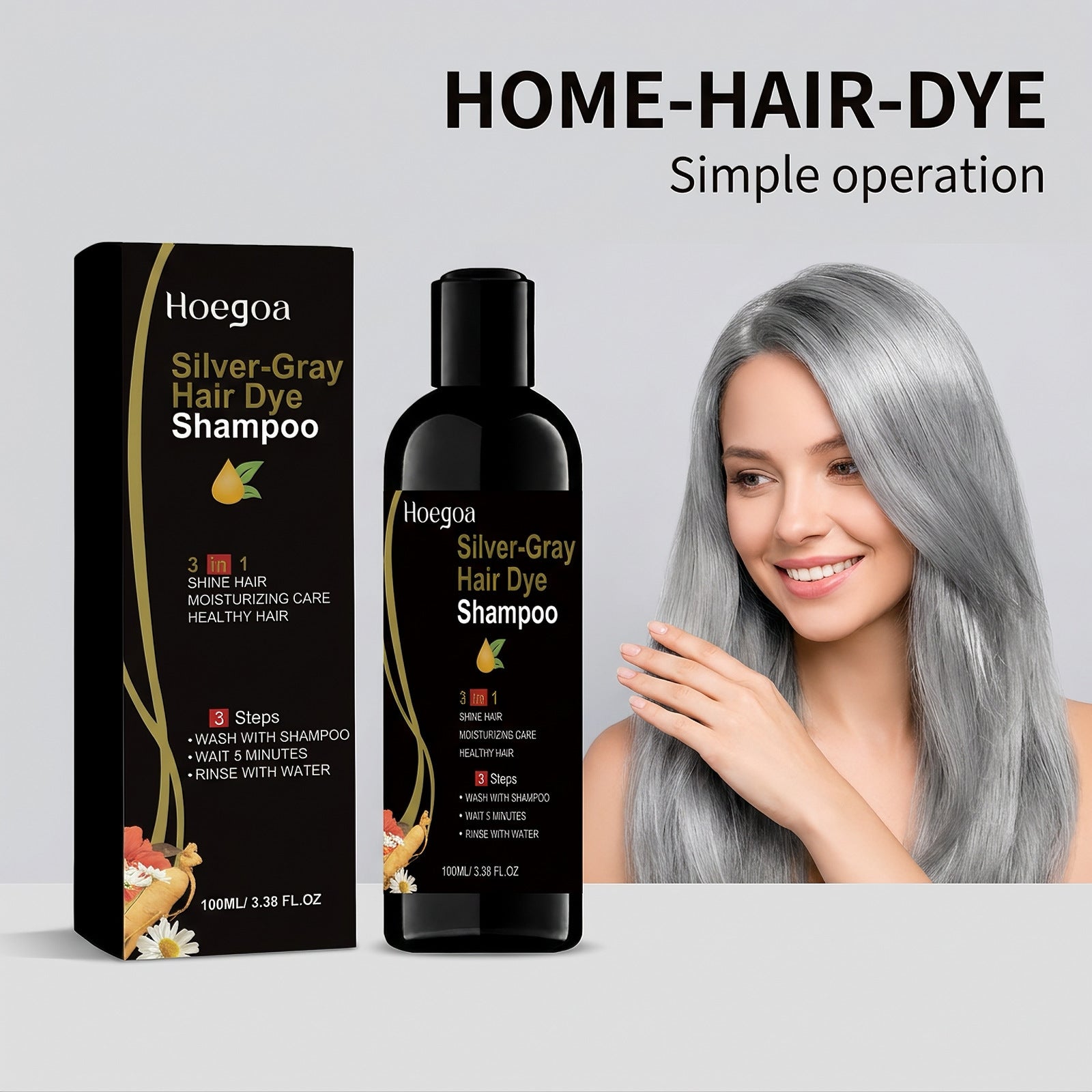 Hoegoa silver gray hair dye shampoo bottle and box beside gray toned hair