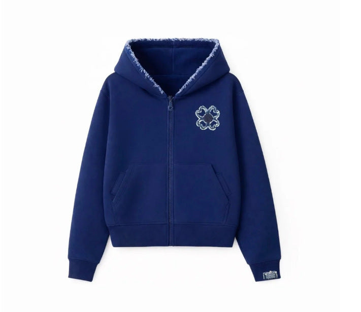 Blue option photo of a royal blue zip hoodie flat lay with frayed hood edge and chest clover, size XXXL
