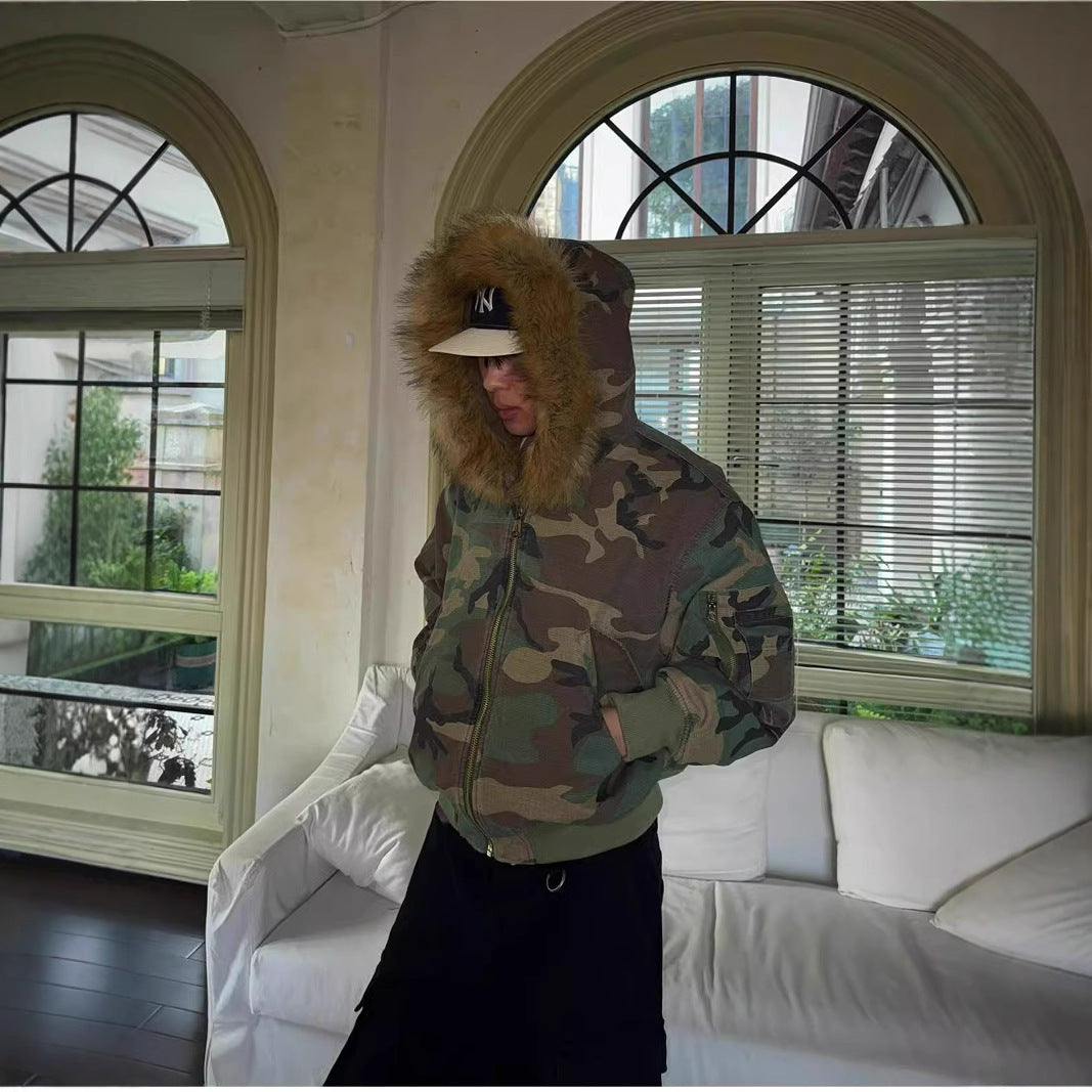 Reversible Camo Puffer Jacket | side pockets in use detail