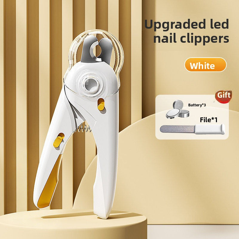 White LED pet nail clipper shown with the detachable metal nail file and three button cell batteries