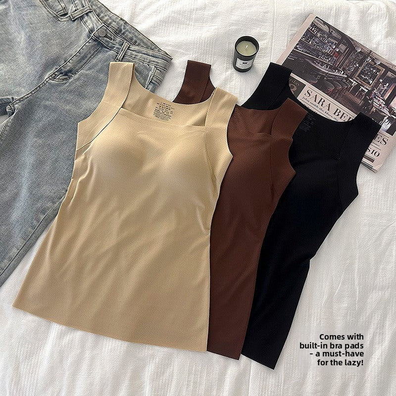 Three seamless square neck tank tops in nude, brown and black flat lay with a built-in bra pad caption