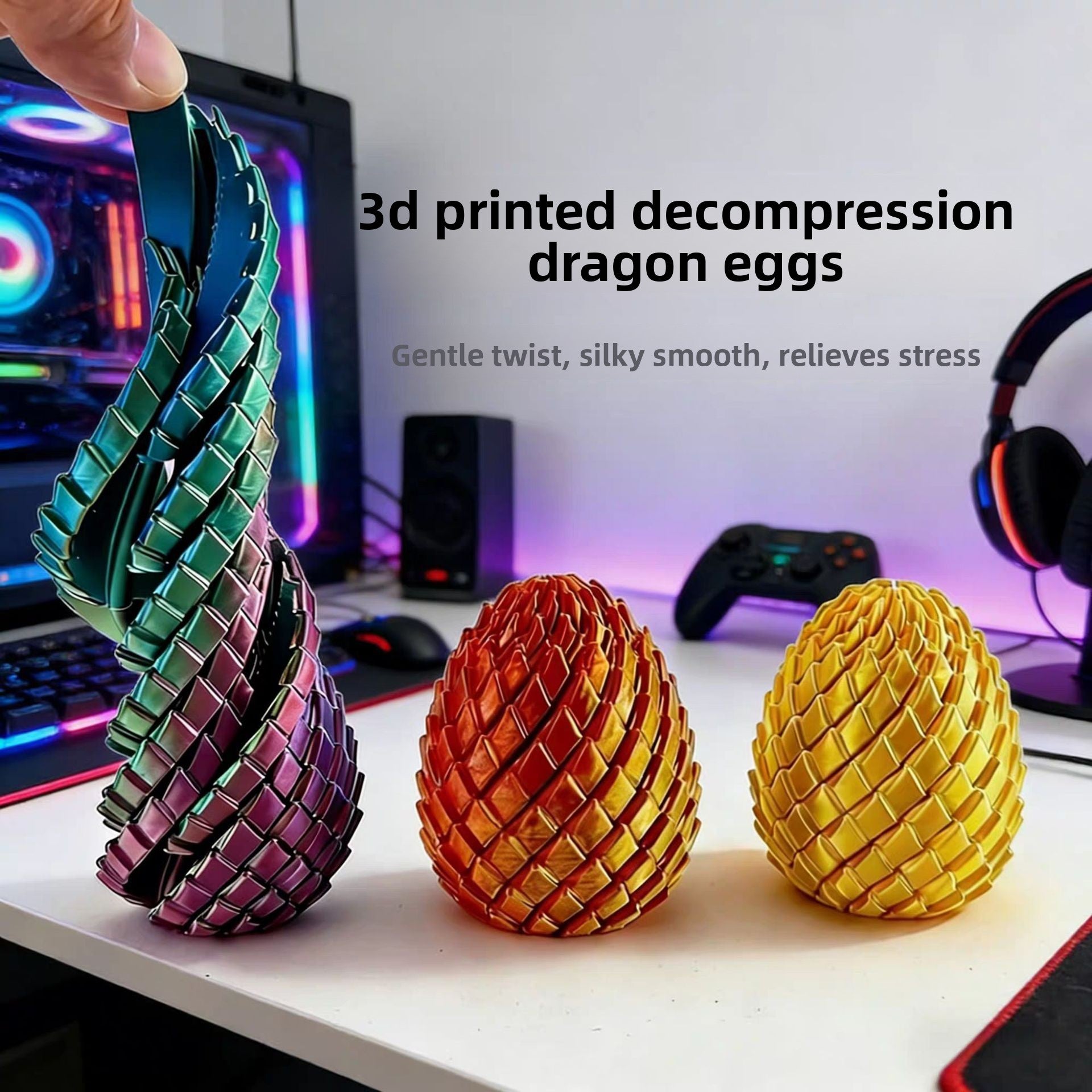 Red gold 3D printed dragon egg fidget toy with overlapping scale texture on white