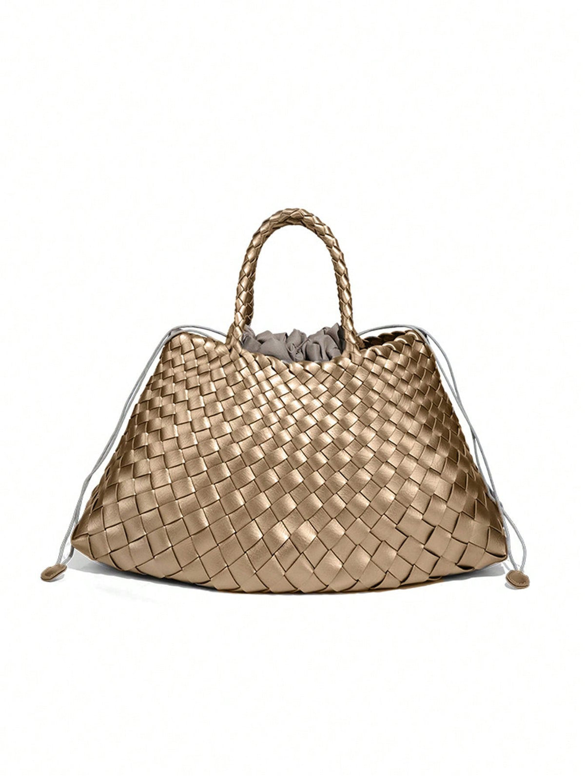 Gold metallic woven handbag with braided handles and drawstring cords, Gold variant