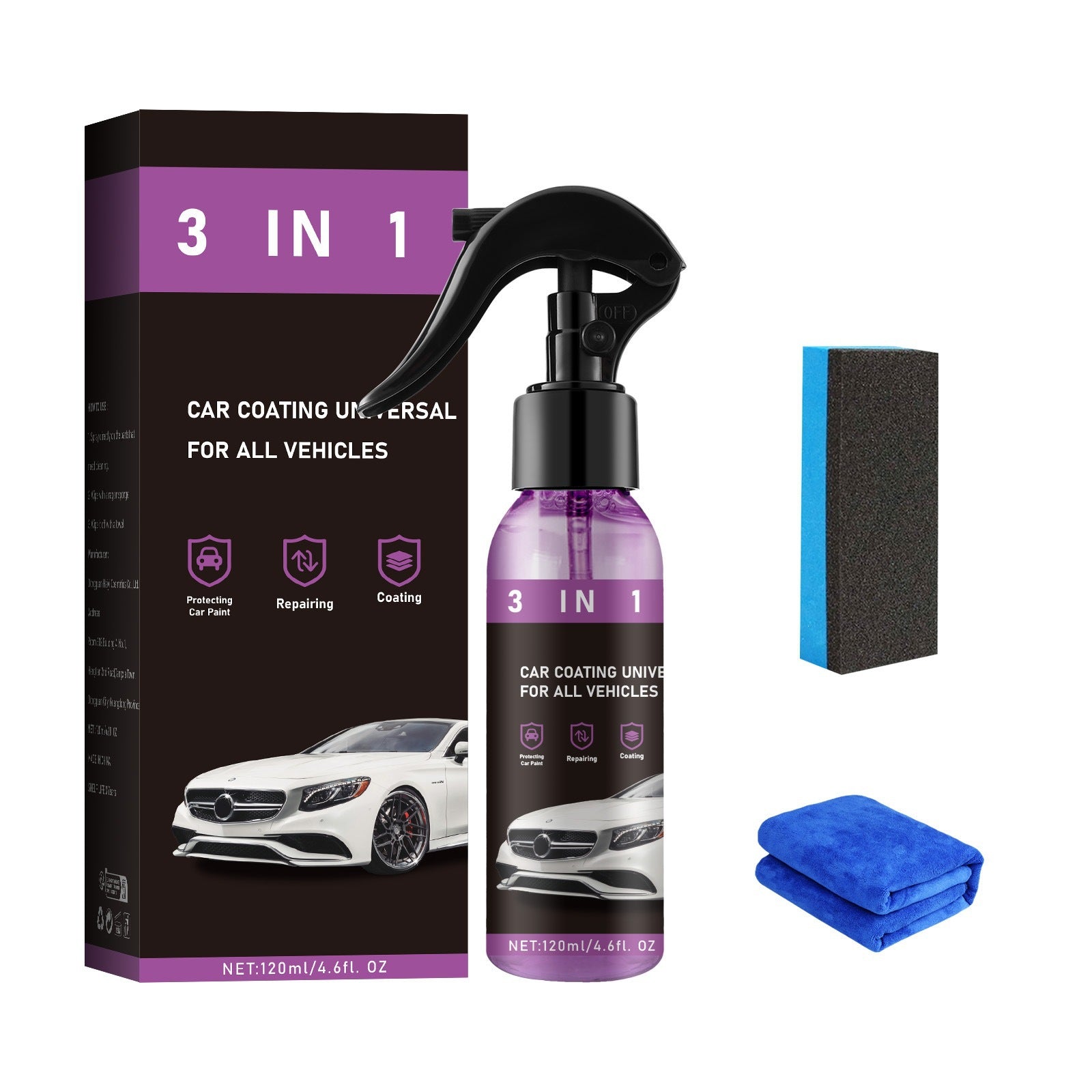 Blue and yellow Quick Effect Coating Agent bottle with its carton, a foam pad and a cloth