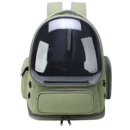 Green Oxford pet carrier backpack with a clear bubble dome and side ventilation grommets