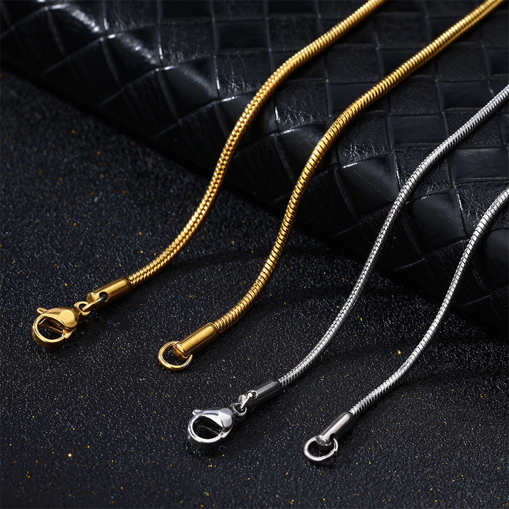 Snake bone chain necklace side profile showing the slim 1.2mm steel chain