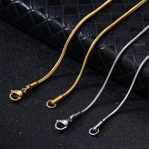 Snake bone chain necklace side profile showing the slim 1.2mm steel chain